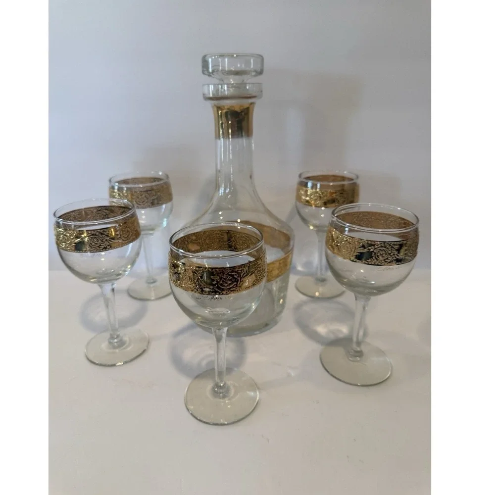 Vintage Culvers Ltd Tyrol 22K Gold Decanter & 5 Wine Glasses Made in USA 1960s